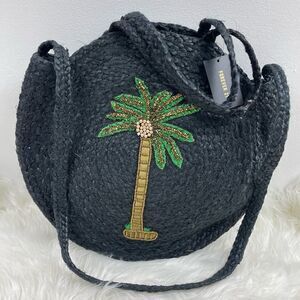 Wicker Tropical Palm Tree round bag black with hand & shoulder handle straps